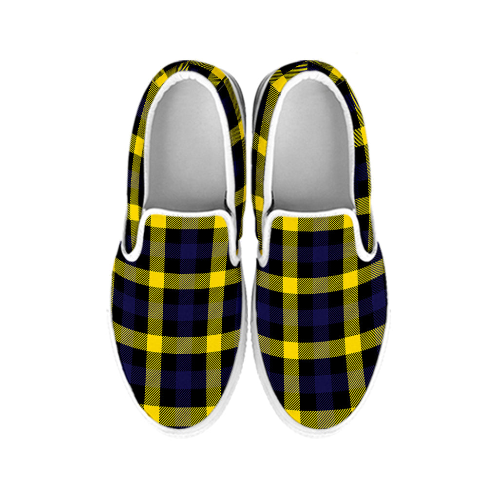Yellow Navy And Black Plaid Print White Slip On Shoes