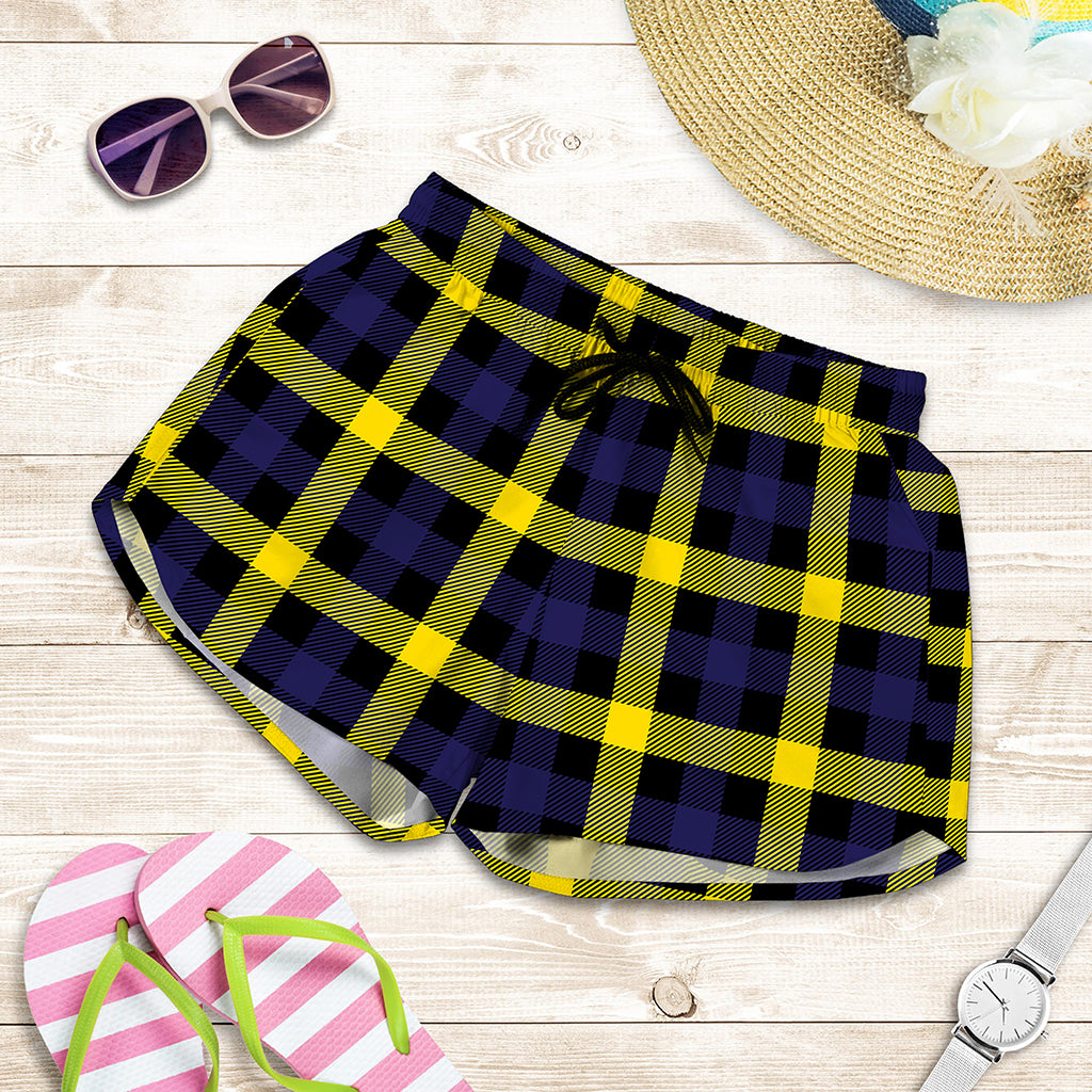 Yellow Navy And Black Plaid Print Women's Shorts