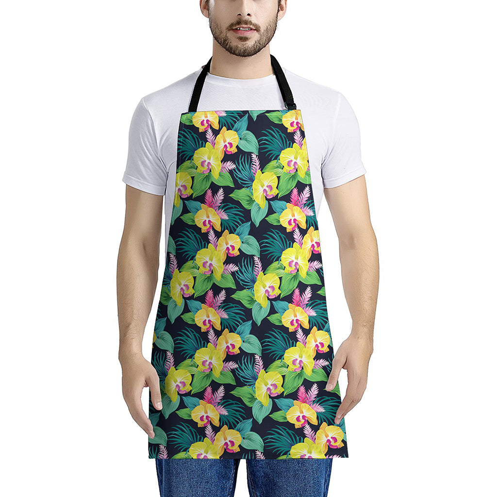 Yellow Orchid Pattern Print Apron