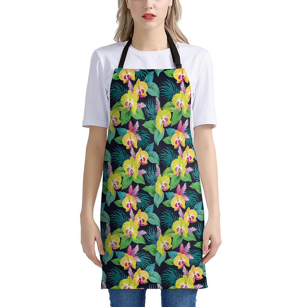 Yellow Orchid Pattern Print Apron