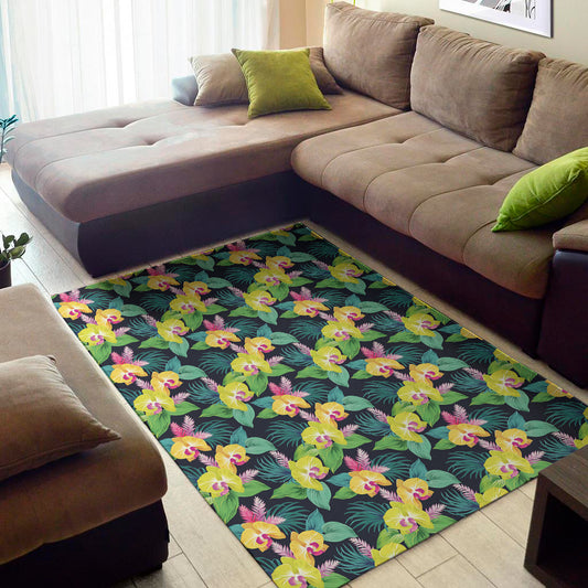 Yellow Orchid Pattern Print Area Rug