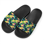 Yellow Orchid Pattern Print Black Slide Sandals