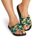 Yellow Orchid Pattern Print Black Slide Sandals