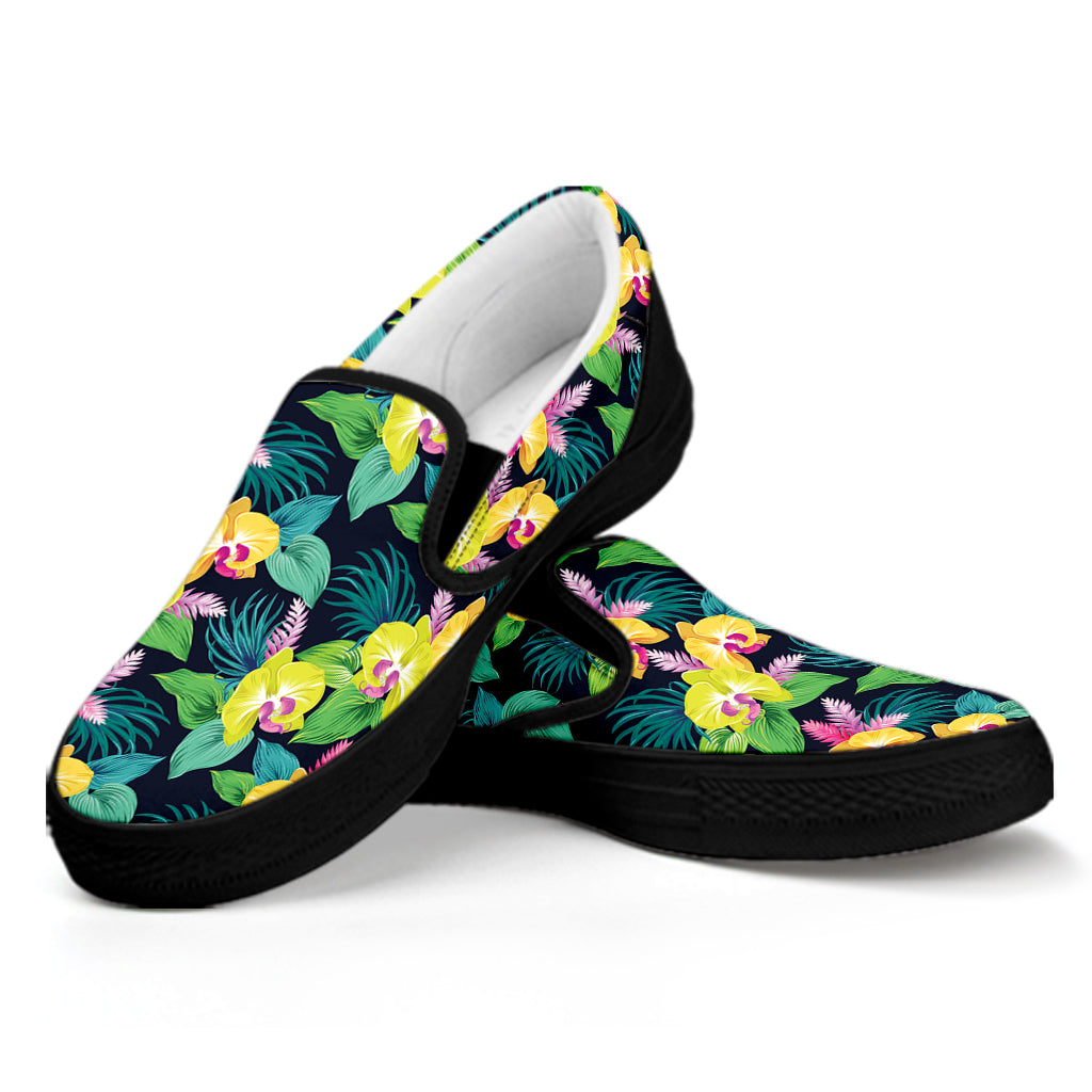 Yellow Orchid Pattern Print Black Slip On Shoes