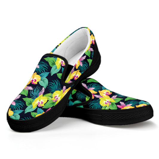 Yellow Orchid Pattern Print Black Slip On Shoes