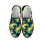 Yellow Orchid Pattern Print Black Slip On Shoes
