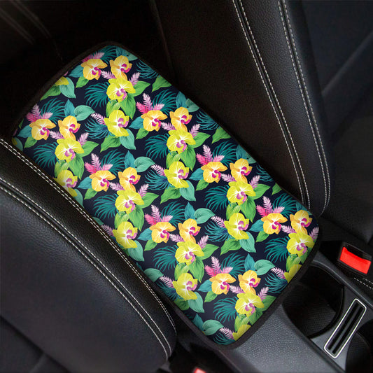 Yellow Orchid Pattern Print Car Center Console Cover