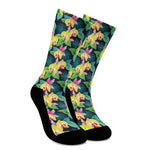 Yellow Orchid Pattern Print Crew Socks