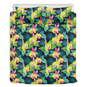 Yellow Orchid Pattern Print Duvet Cover Bedding Set