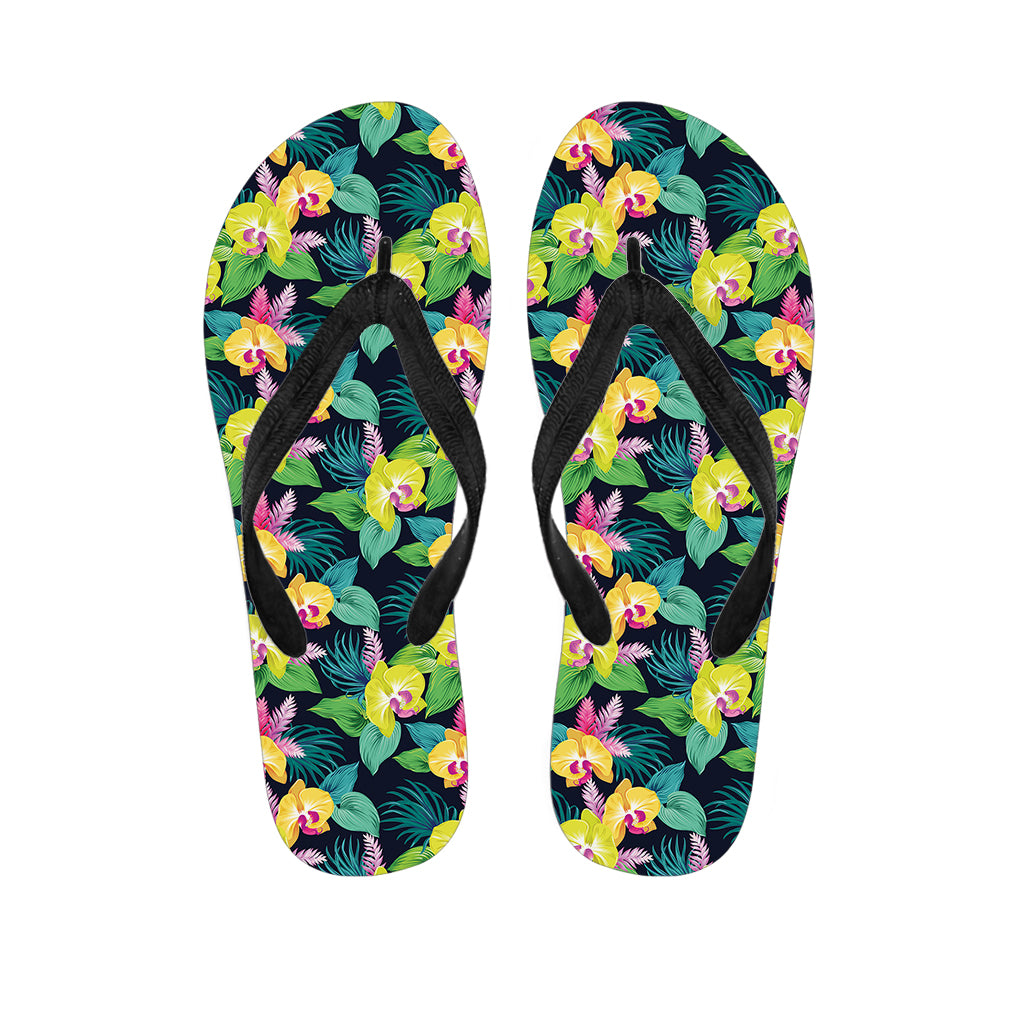 Yellow Orchid Pattern Print Flip Flops