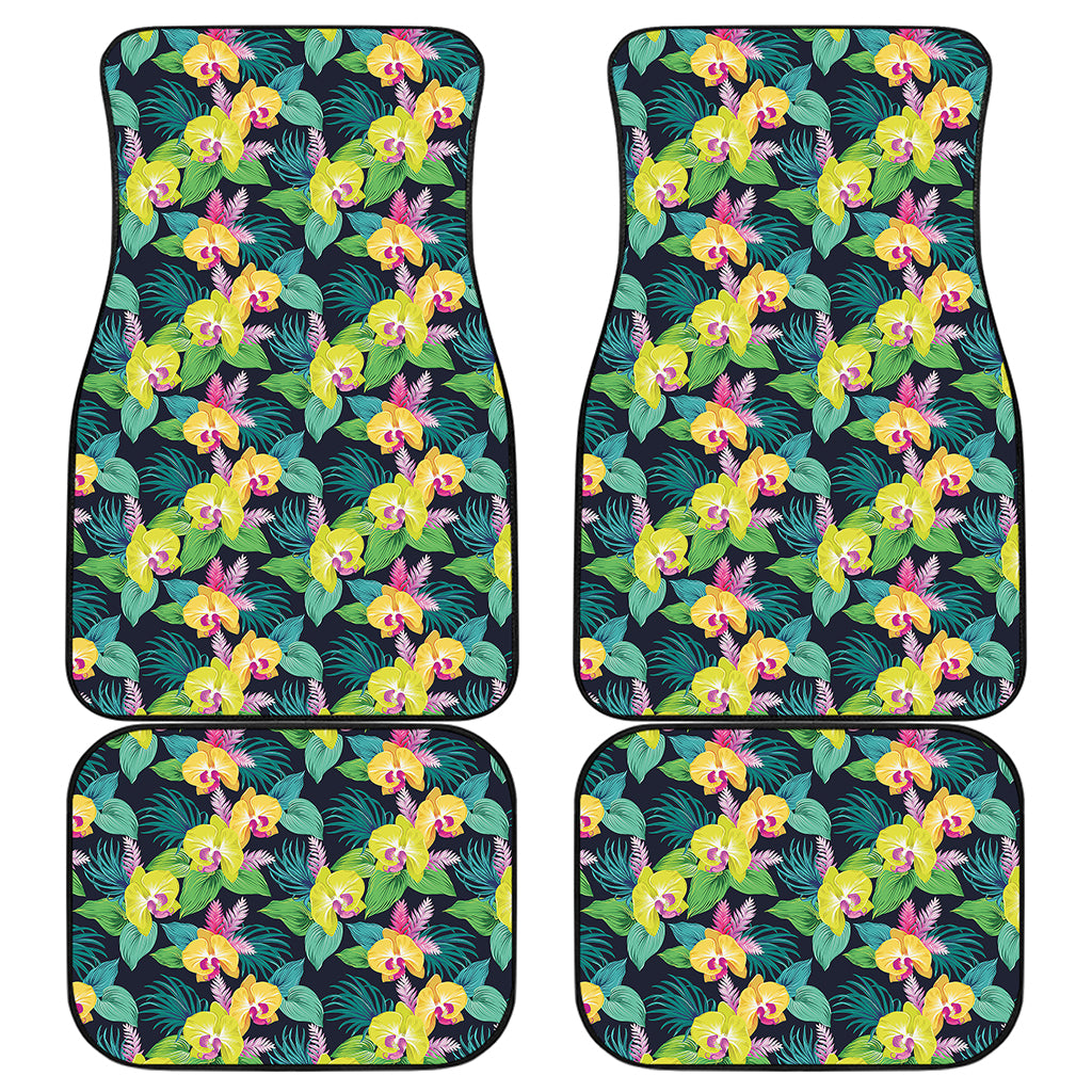 Yellow Orchid Pattern Print Front and Back Car Floor Mats