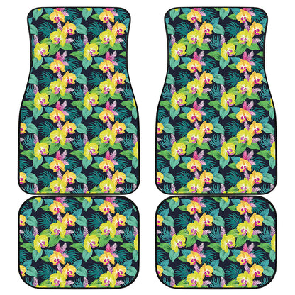 Yellow Orchid Pattern Print Front and Back Car Floor Mats