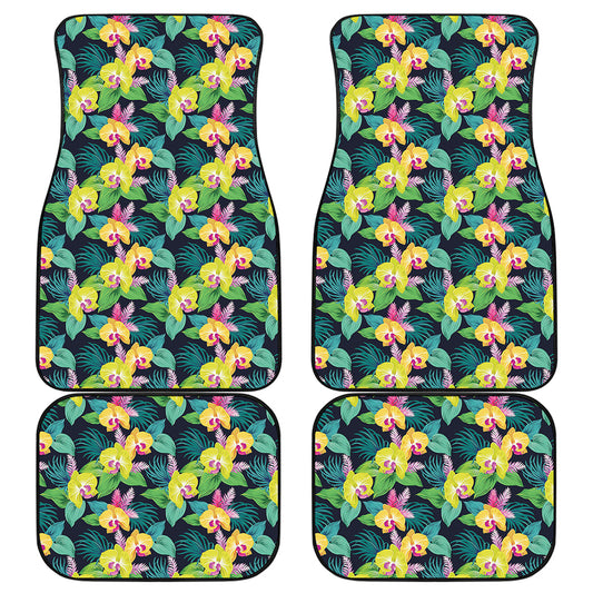 Yellow Orchid Pattern Print Front and Back Car Floor Mats