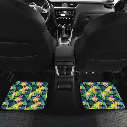 Yellow Orchid Pattern Print Front and Back Car Floor Mats
