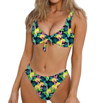 Yellow Orchid Pattern Print Front Bow Tie Bikini