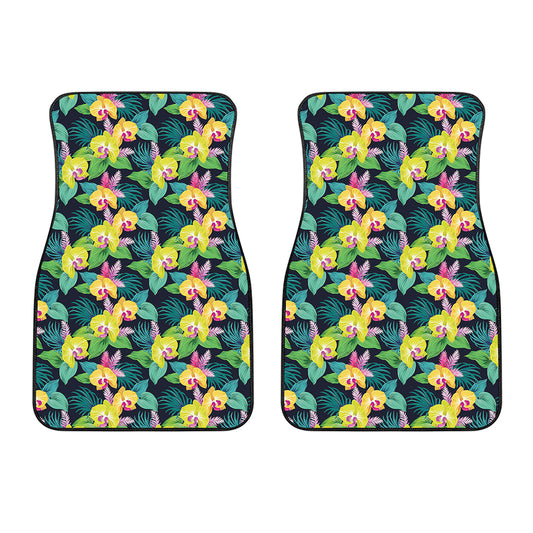 Yellow Orchid Pattern Print Front Car Floor Mats