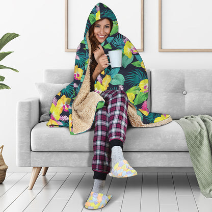 Yellow Orchid Pattern Print Hooded Blanket