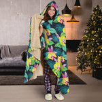 Yellow Orchid Pattern Print Hooded Blanket