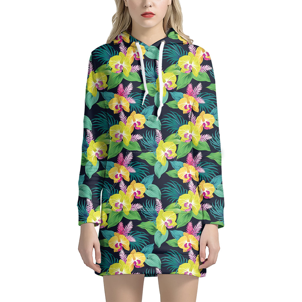 Yellow Orchid Pattern Print Hoodie Dress