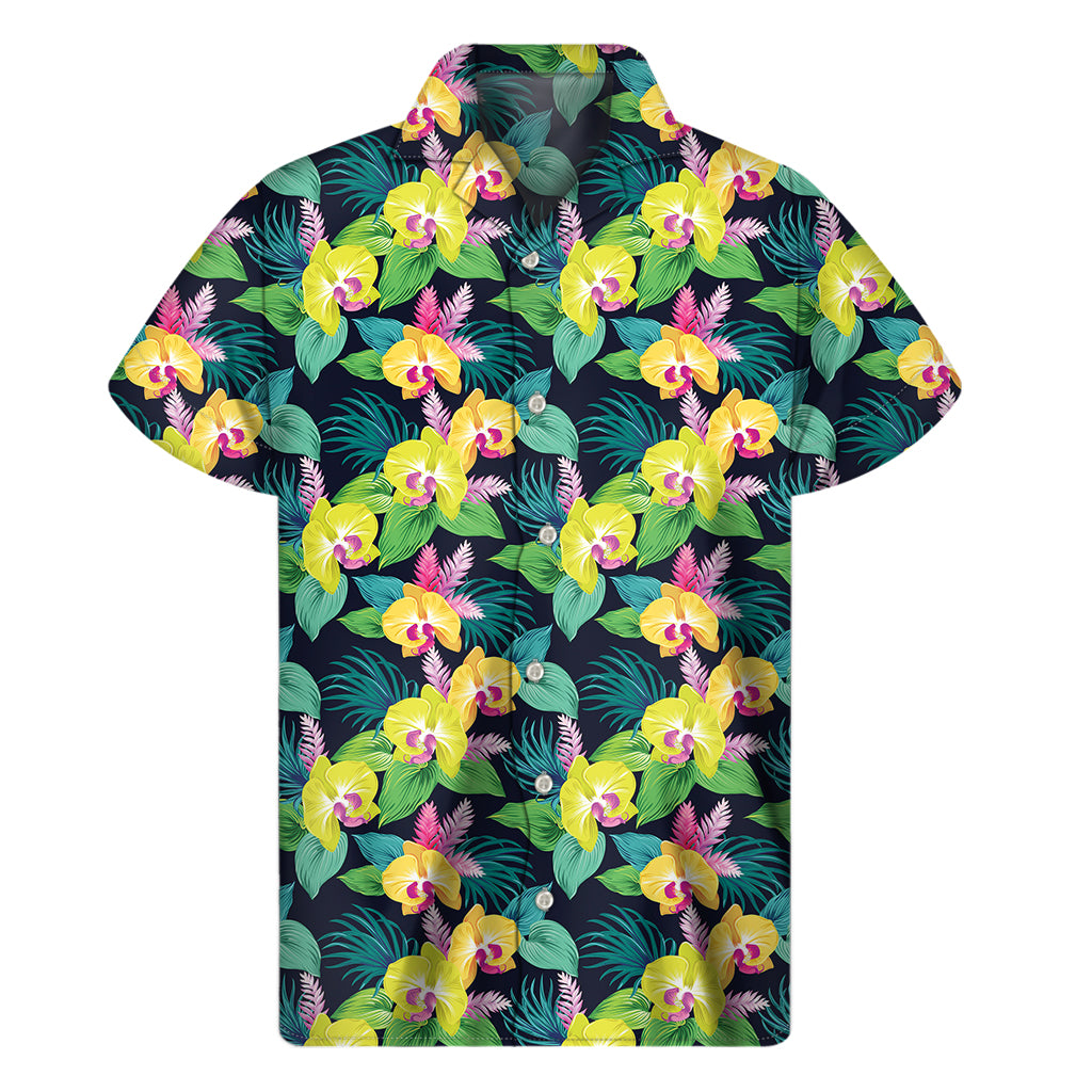 Yellow Orchid Pattern Print Men's Short Sleeve Shirt