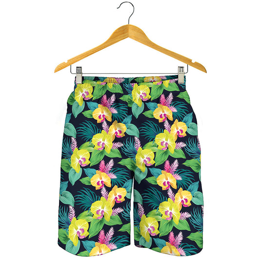 Yellow Orchid Pattern Print Men's Shorts