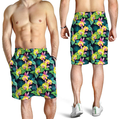 Yellow Orchid Pattern Print Men's Shorts
