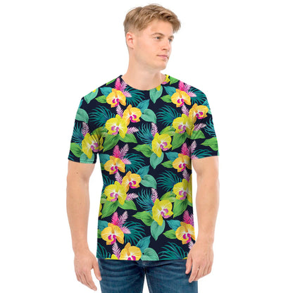 Yellow Orchid Pattern Print Men's T-Shirt