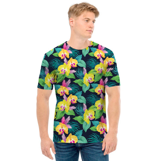 Yellow Orchid Pattern Print Men's T-Shirt