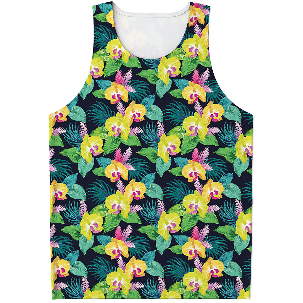 Yellow Orchid Pattern Print Men's Tank Top