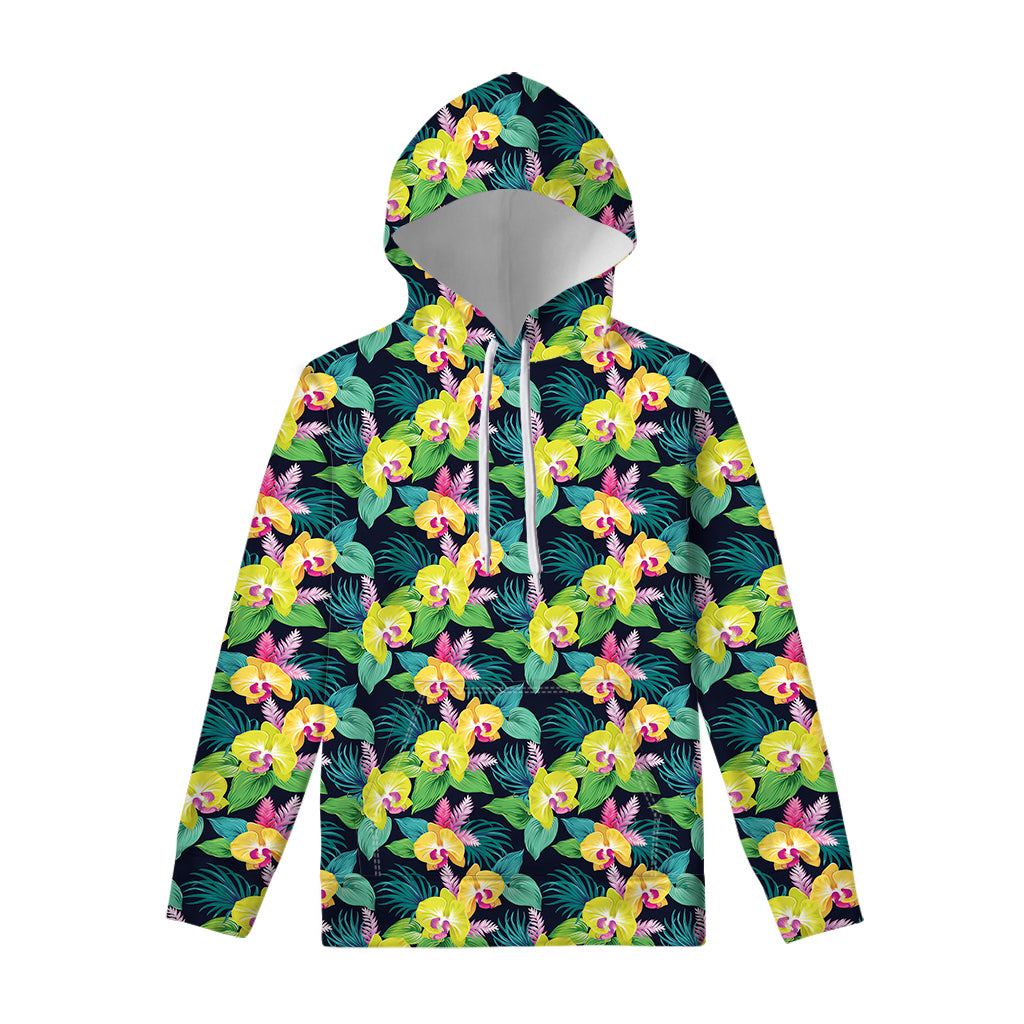 Yellow Orchid Pattern Print Pullover Hoodie