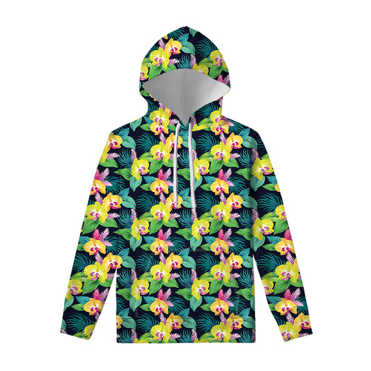 Yellow Orchid Pattern Print Pullover Hoodie