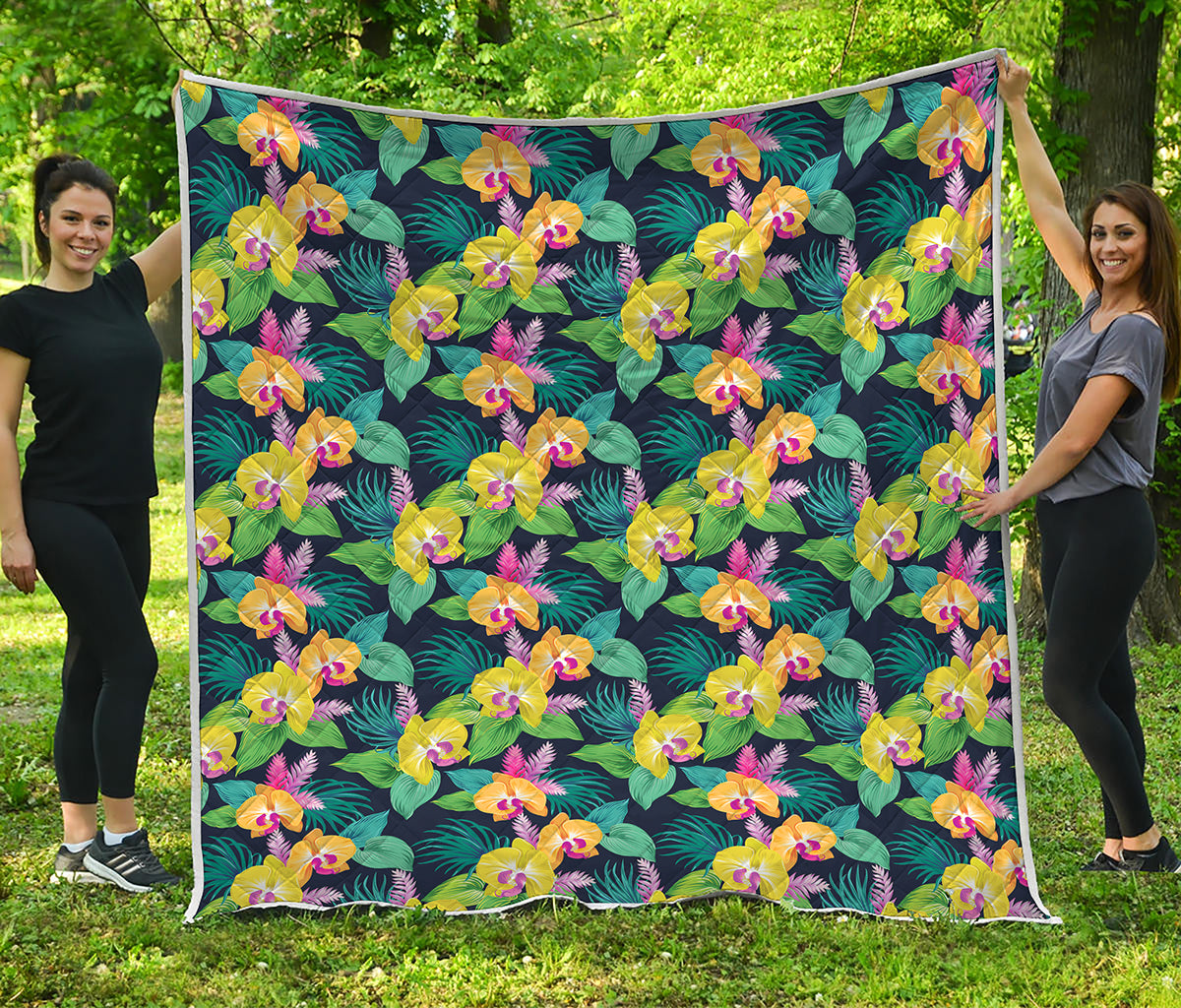 Yellow Orchid Pattern Print Quilt