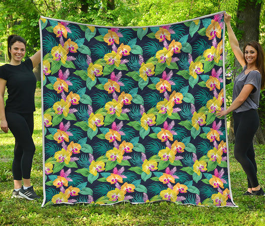 Yellow Orchid Pattern Print Quilt