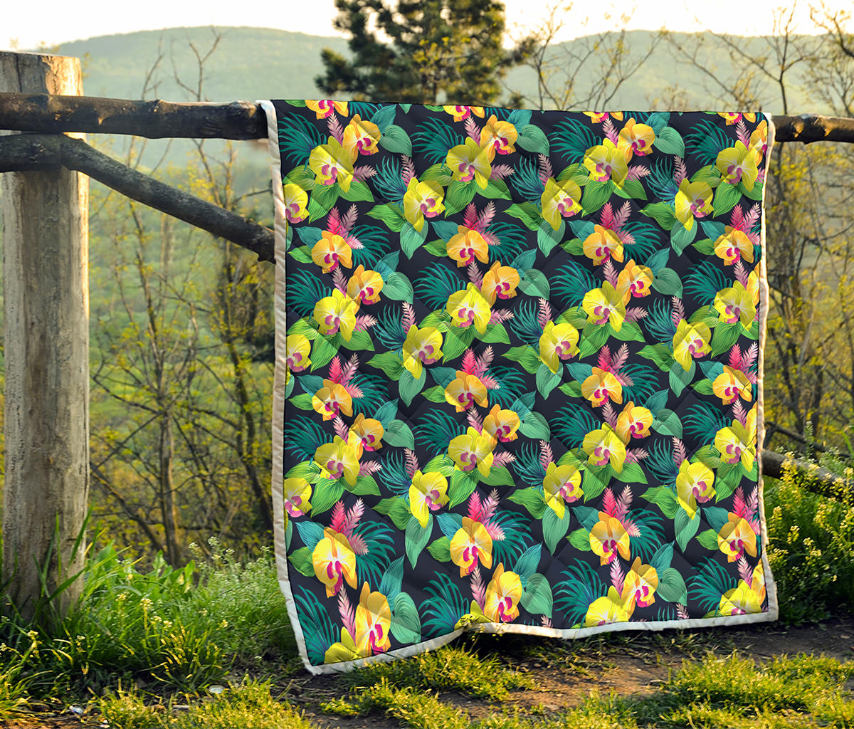 Yellow Orchid Pattern Print Quilt