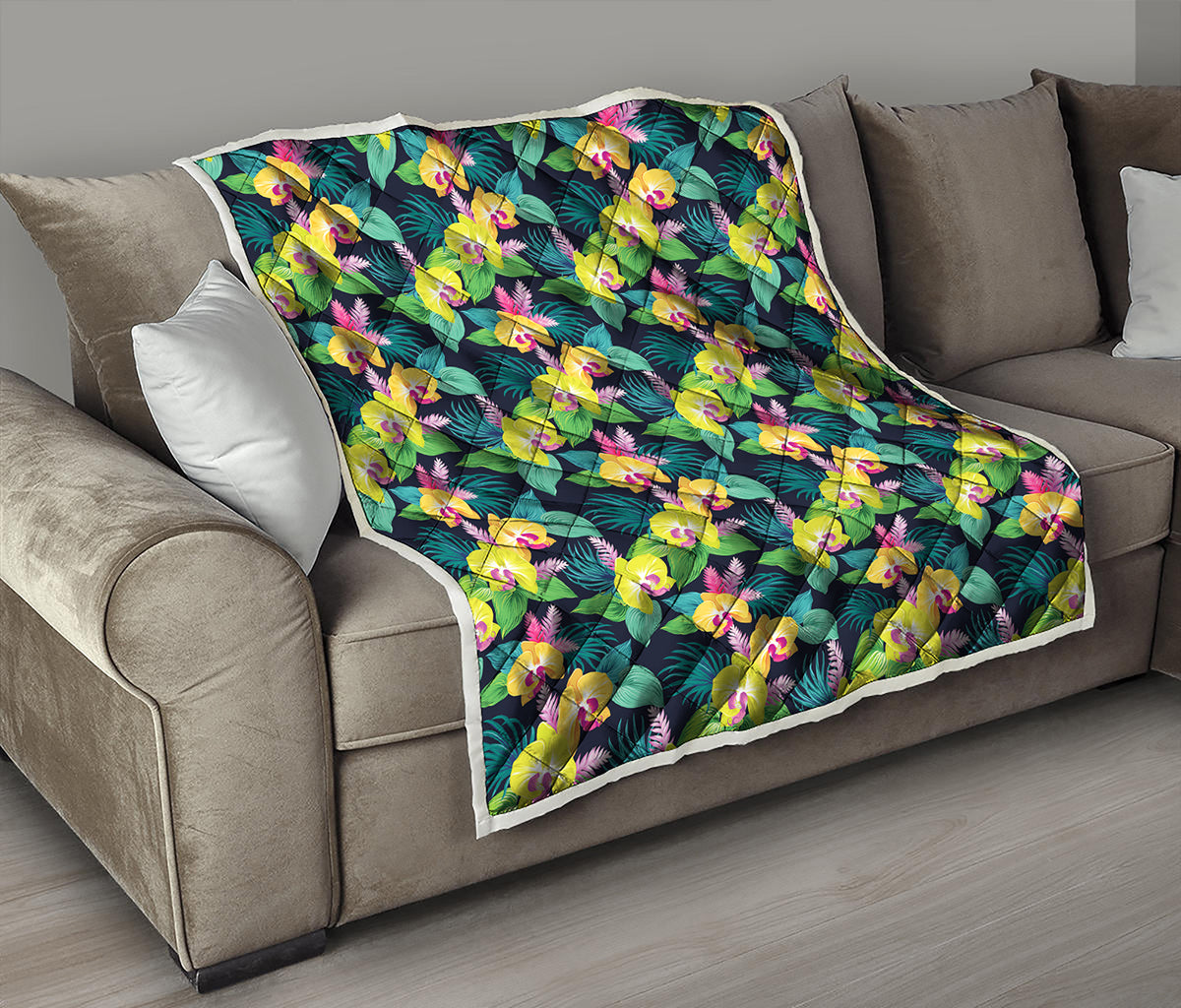 Yellow Orchid Pattern Print Quilt