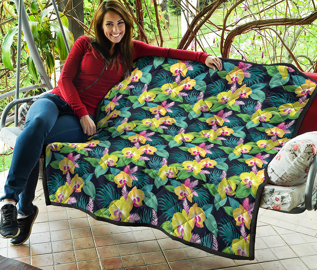 Yellow Orchid Pattern Print Quilt