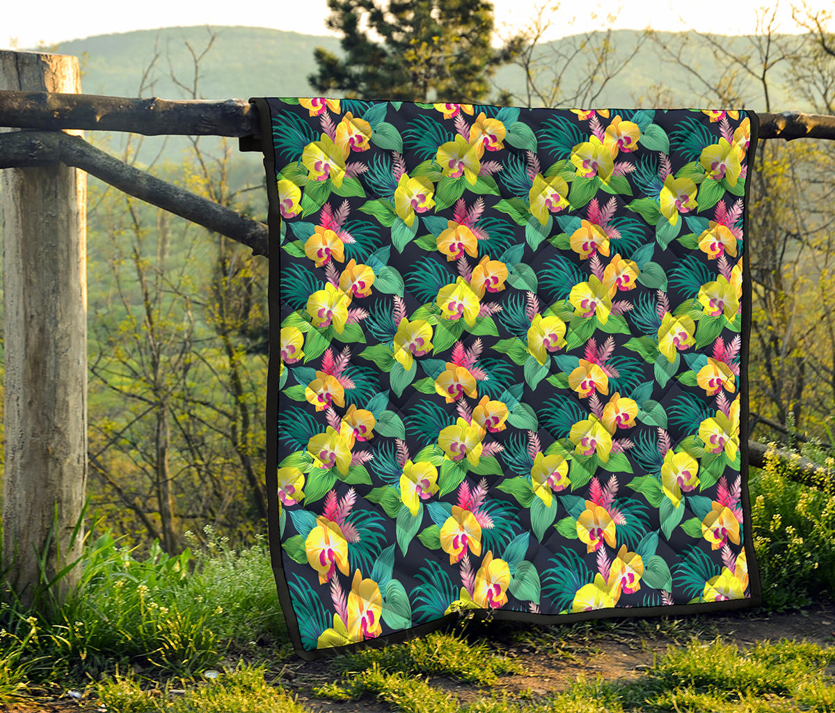 Yellow Orchid Pattern Print Quilt