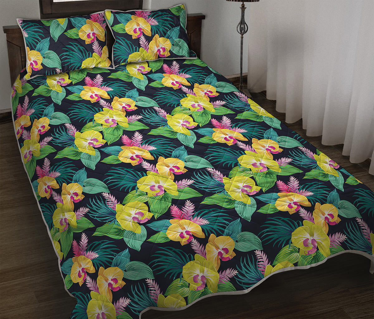 Yellow Orchid Pattern Print Quilt Bed Set