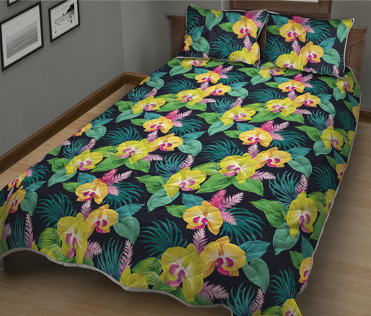 Yellow Orchid Pattern Print Quilt Bed Set
