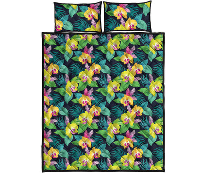 Yellow Orchid Pattern Print Quilt Bed Set