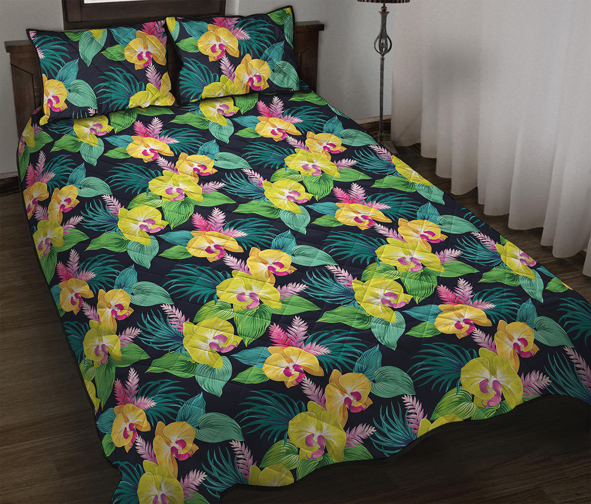 Yellow Orchid Pattern Print Quilt Bed Set