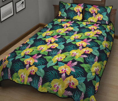 Yellow Orchid Pattern Print Quilt Bed Set