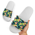 Yellow Orchid Pattern Print White Slide Sandals