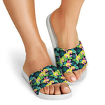 Yellow Orchid Pattern Print White Slide Sandals