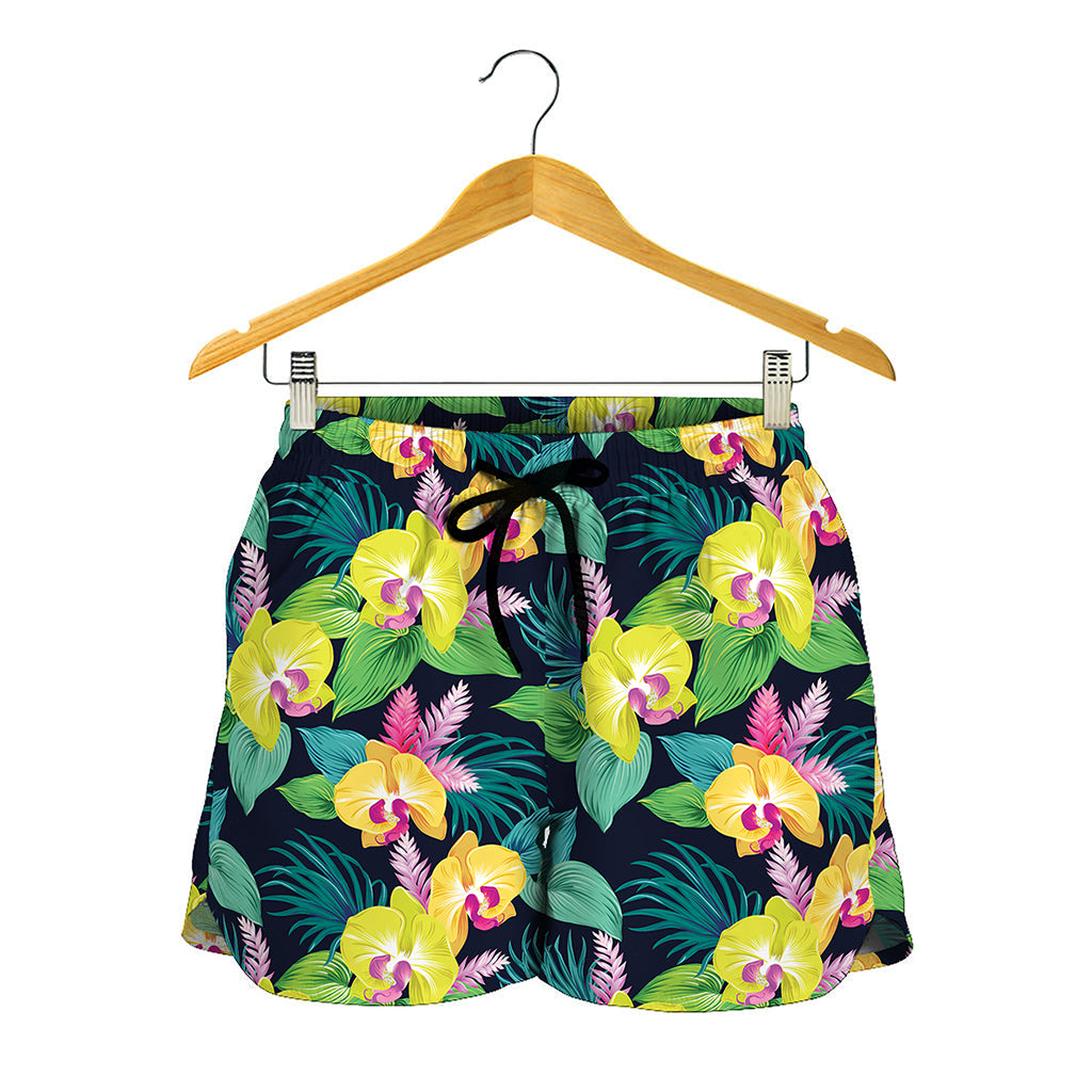 Yellow Orchid Pattern Print Women's Shorts
