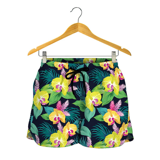 Yellow Orchid Pattern Print Women's Shorts