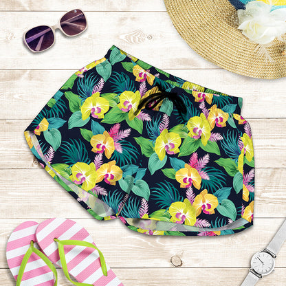 Yellow Orchid Pattern Print Women's Shorts