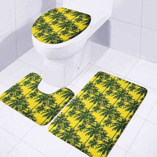 Yellow Palm Tree Pattern Print 3 Piece Bath Mat Set