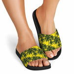 Yellow Palm Tree Pattern Print Black Slide Sandals