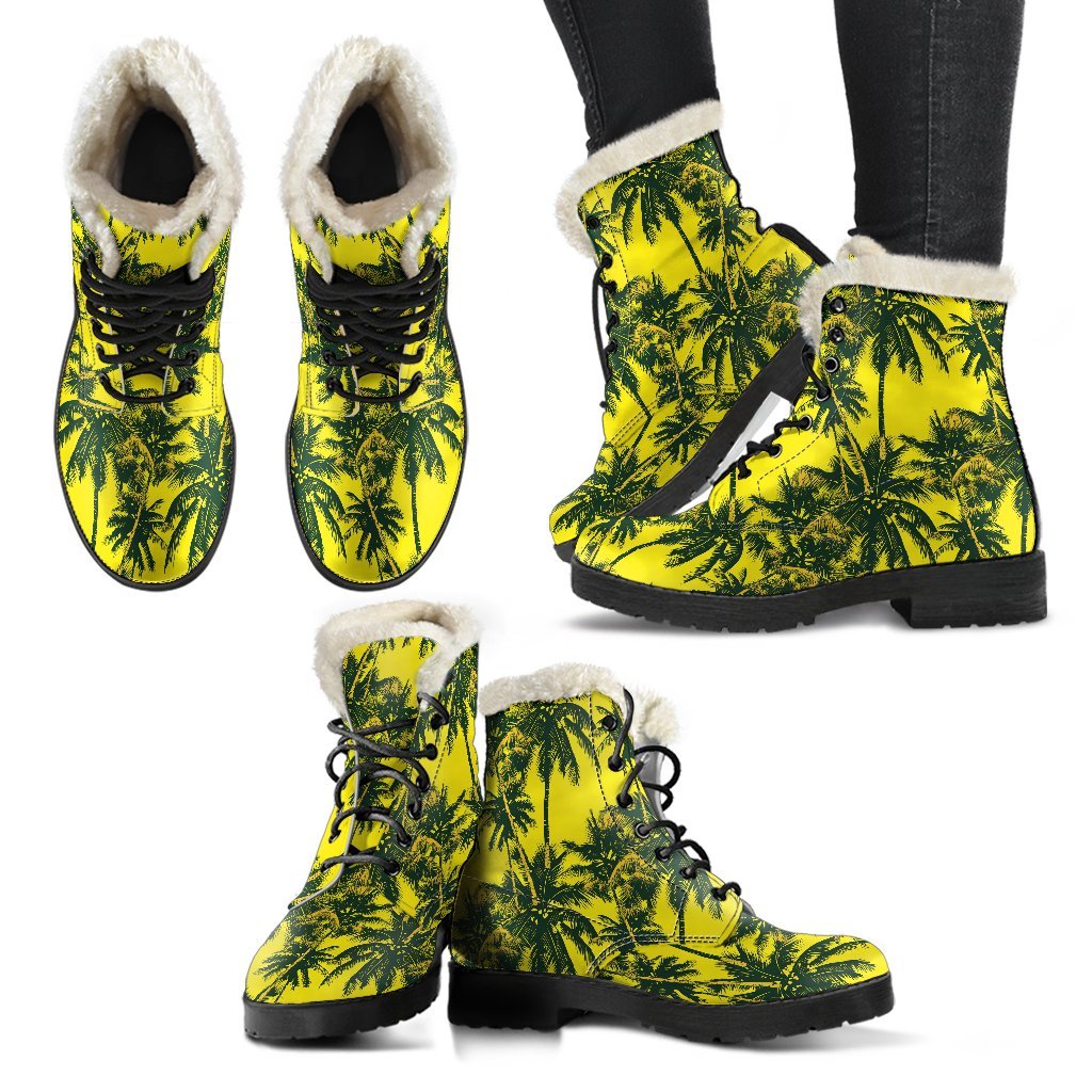 Yellow Palm Tree Pattern Print Comfy Boots GearFrost